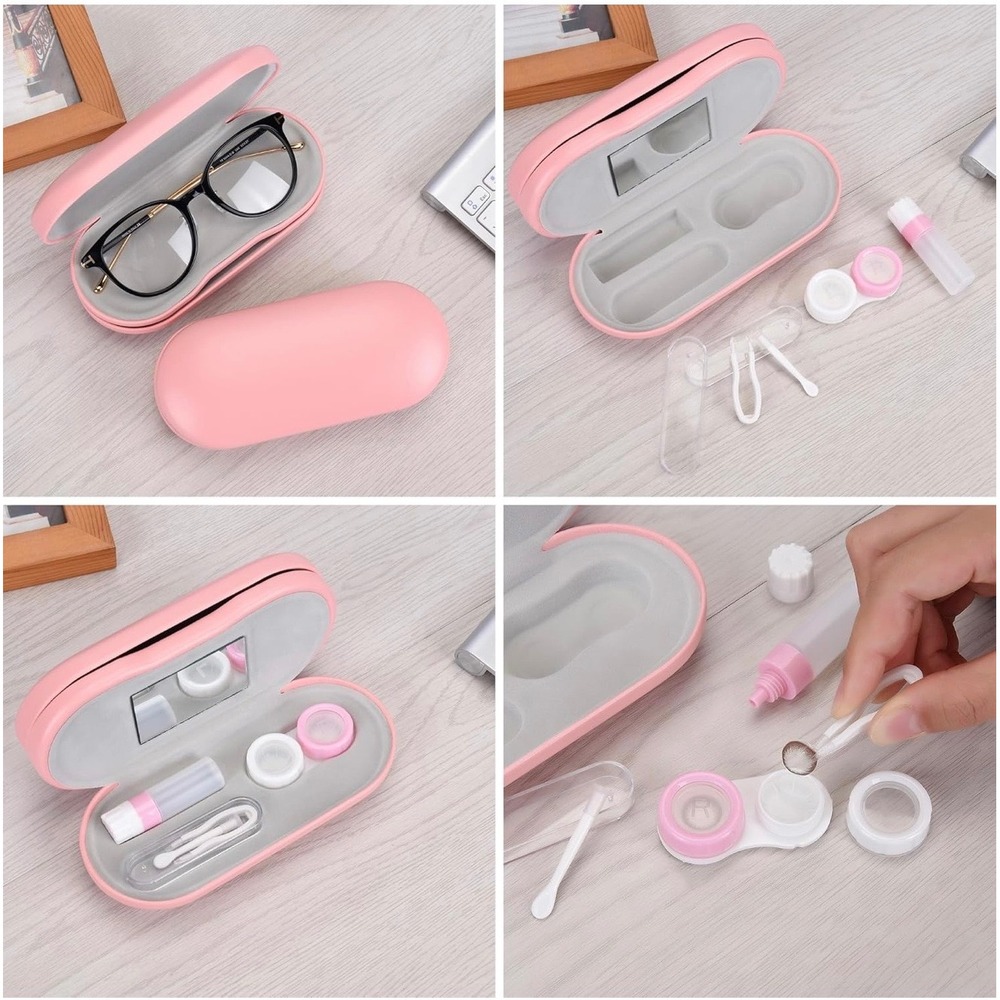 Pink 2-in-1 Dual Eyeglass and Contact Lens Case Travel Kit with Mirror and Tools